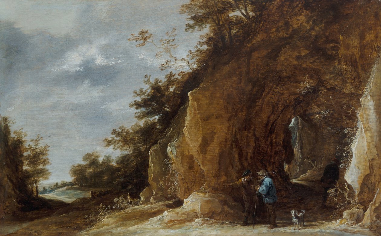 Bönder vilar på en stig i ett stenigt skogslandskap av David Teniers the Younger