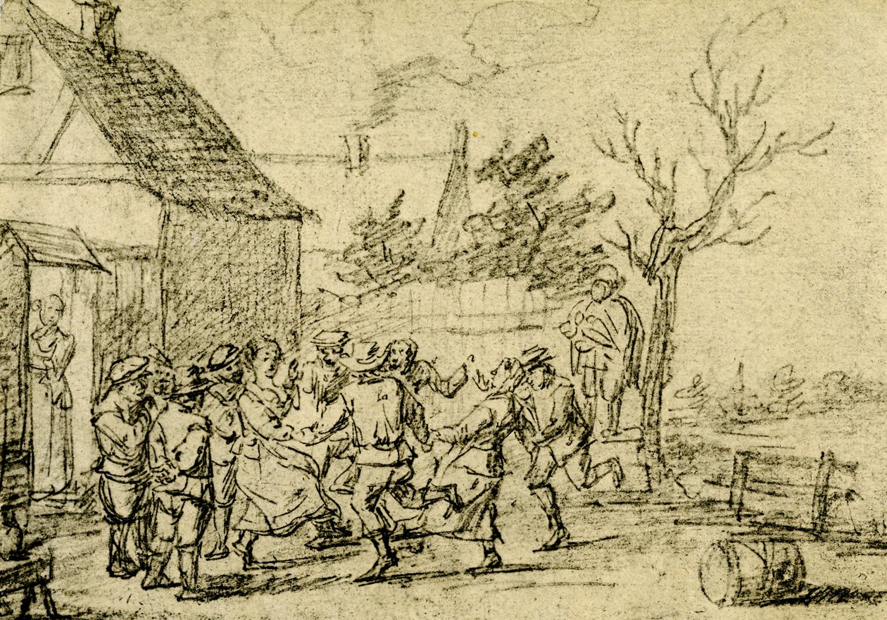 Bönder som dansar framför ett hus av David Teniers the Younger