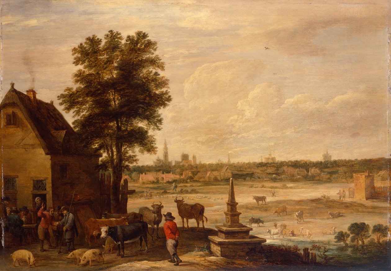 Bönder gör ett fynd om försäljningen av en gris på gränsen till staden Antwerpen (olja på panel) av David Teniers the Younger