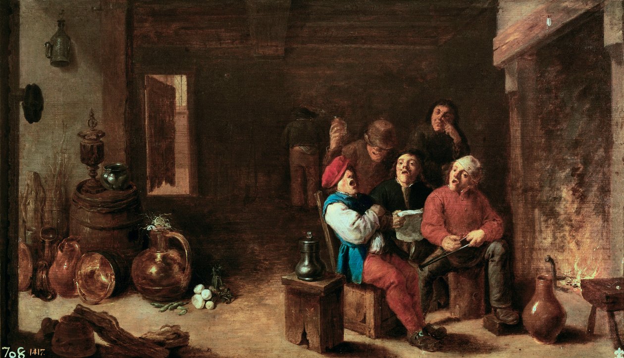 Sång i köket. Målning av David Teniers II den unge (1610-1690). Olja på trä, ca 1633, flamländsk konst. Pradomuseet, Madrid. av David Teniers the Younger