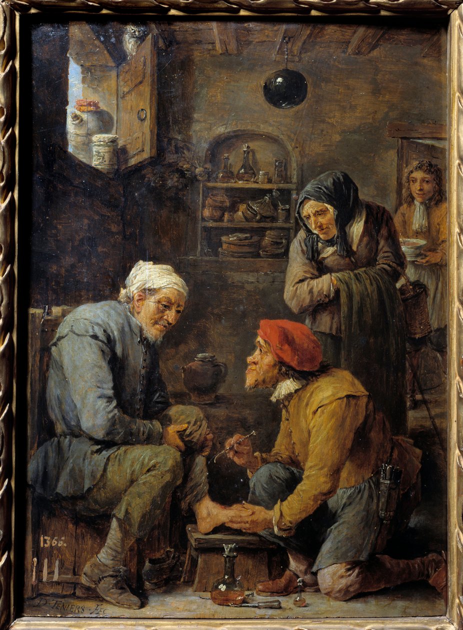 Operation En man greps för att öppna patientens fot. Målning av David Teniers II den unge (1610-1690) 1600-talets sön. 0,33x0,25 m Madrid, Pradomuseet av David Teniers the Younger
