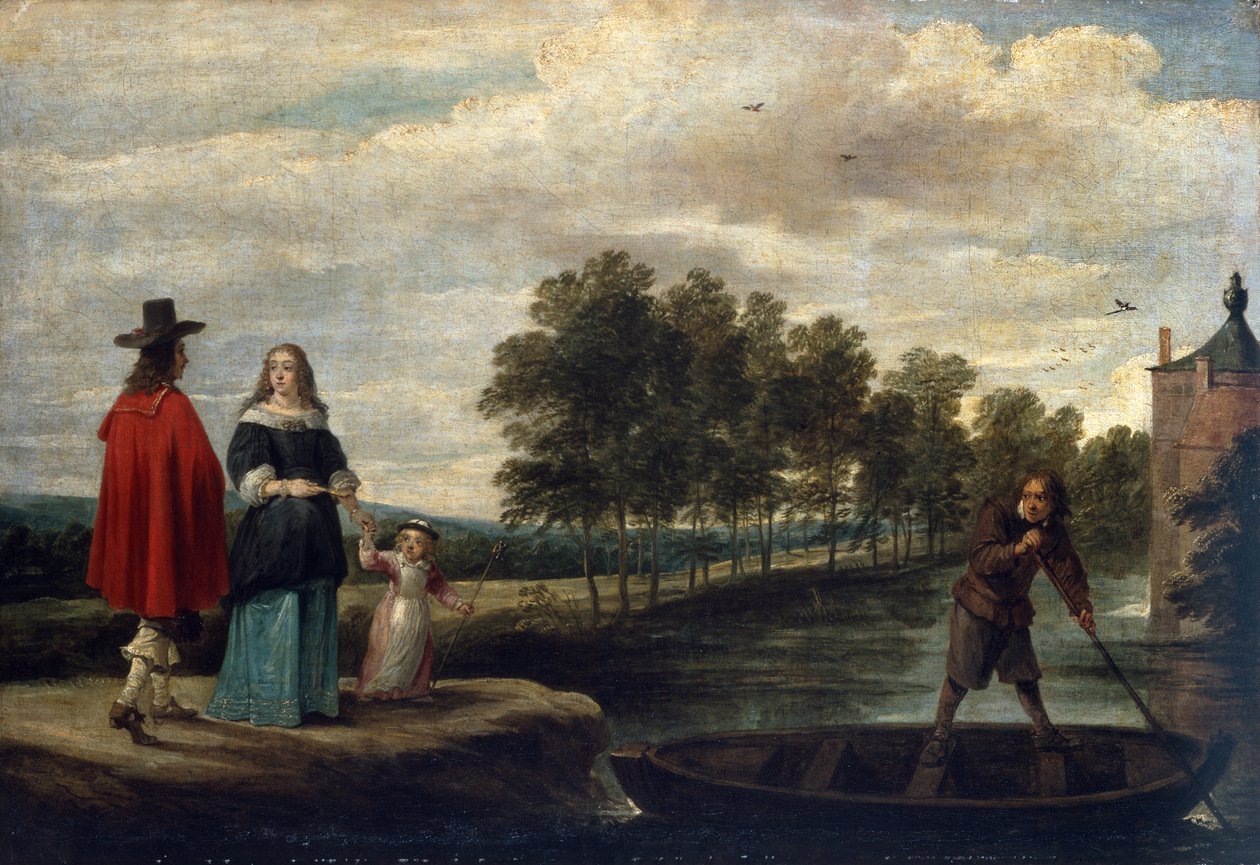 The Artist, his Wife and Child by the Moat of his Mansion, Perck (olja på duk) av David Teniers the Younger