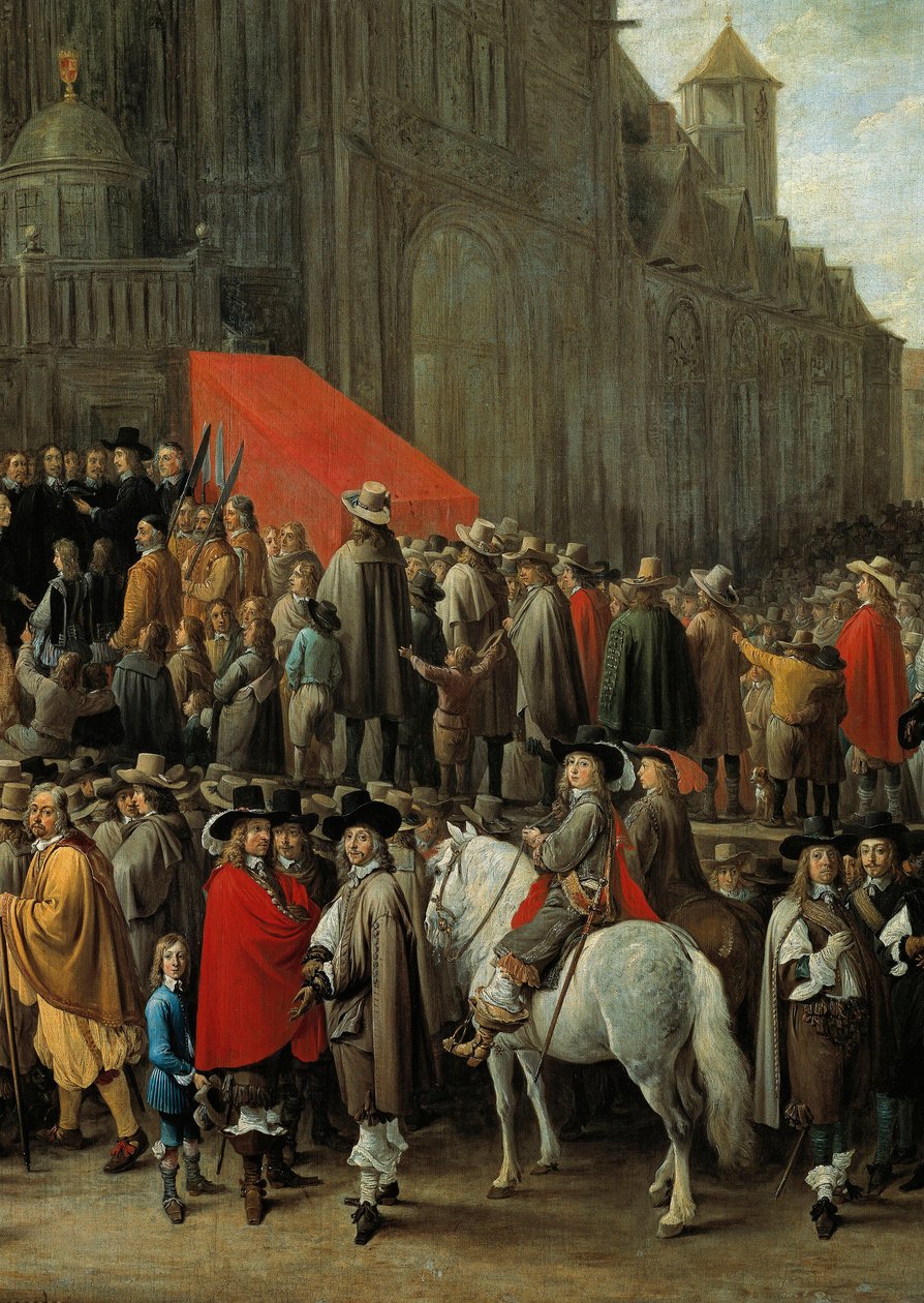 Spelet papegai i Bryssel 1652 Spel som består av att skjuta mot ett mål gjord av en fågel av trä eller kartong placerad på toppen av en stolpe (detalj) av David Teniers the Younger