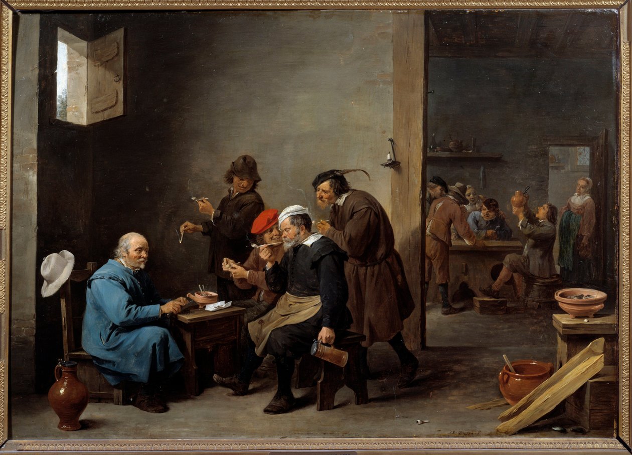 Mannen med den vita hatten Grupp män som röker pipa på ett värdshus. Målning av David Teniers II den unge (1610-1690) av David Teniers the Younger