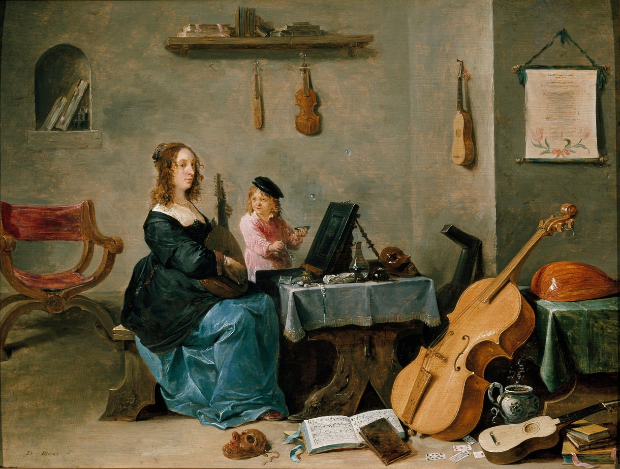 Hustru och son till målaren Porträtt av konstnärens familj, den unga kvinnan spelar musik i ett rum fyllt med instrument medan barnet gör såpbubblor. Målning av David Teniers den unge (1610-1690) 1600-talet Turin Galleria Sabauda Italien av David Teniers the Younger