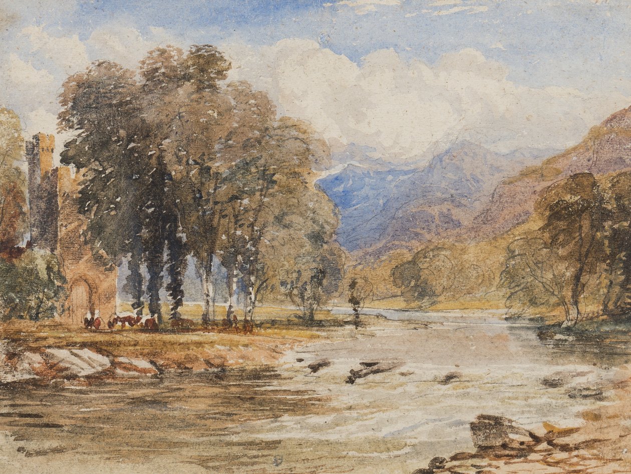 Flodlandskap, troligen Skottland (penna och akvarell på papper) av David the younger Cox