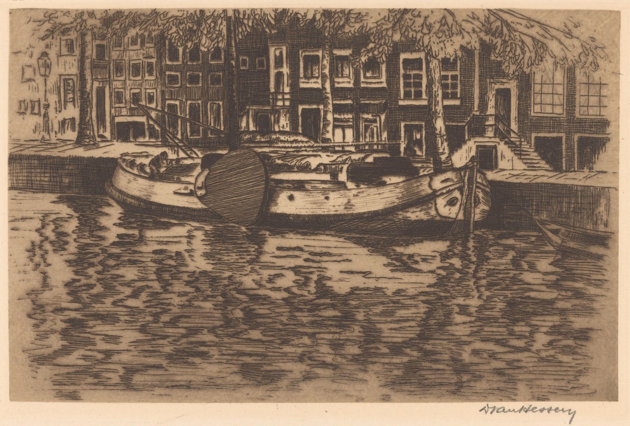 Kanal med förtöjd segelbåt av David van Hessen (signed by artist)