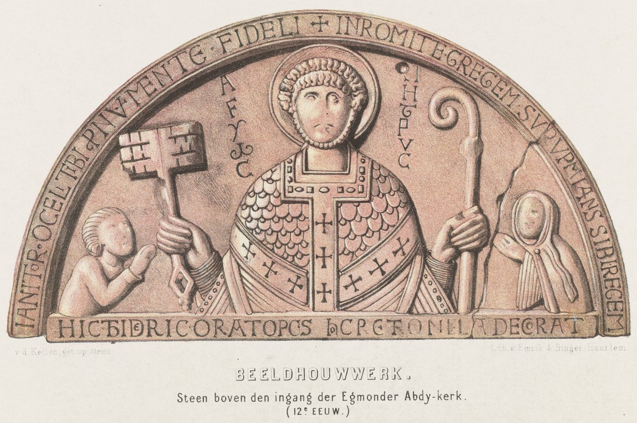 Tympaan van Egmond: stråk med Petrus, greve Dirk VI av Holland och hans mor grevinna Petronella, ca 1120 Skulptur. Sten ovanför ingången till Egmonder Abdy-kyrkan (1100-talet) (titel på objektet) av David van der Kellen