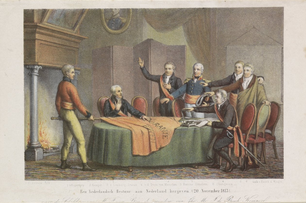 Accepterande av det höga styret av triumviratet i prinsen av Oranges namn, den 21 november 1813 Återställ en holländsk regering till Nederländerna. (20 november 1813) (titel på objekt) av David van der Kellen