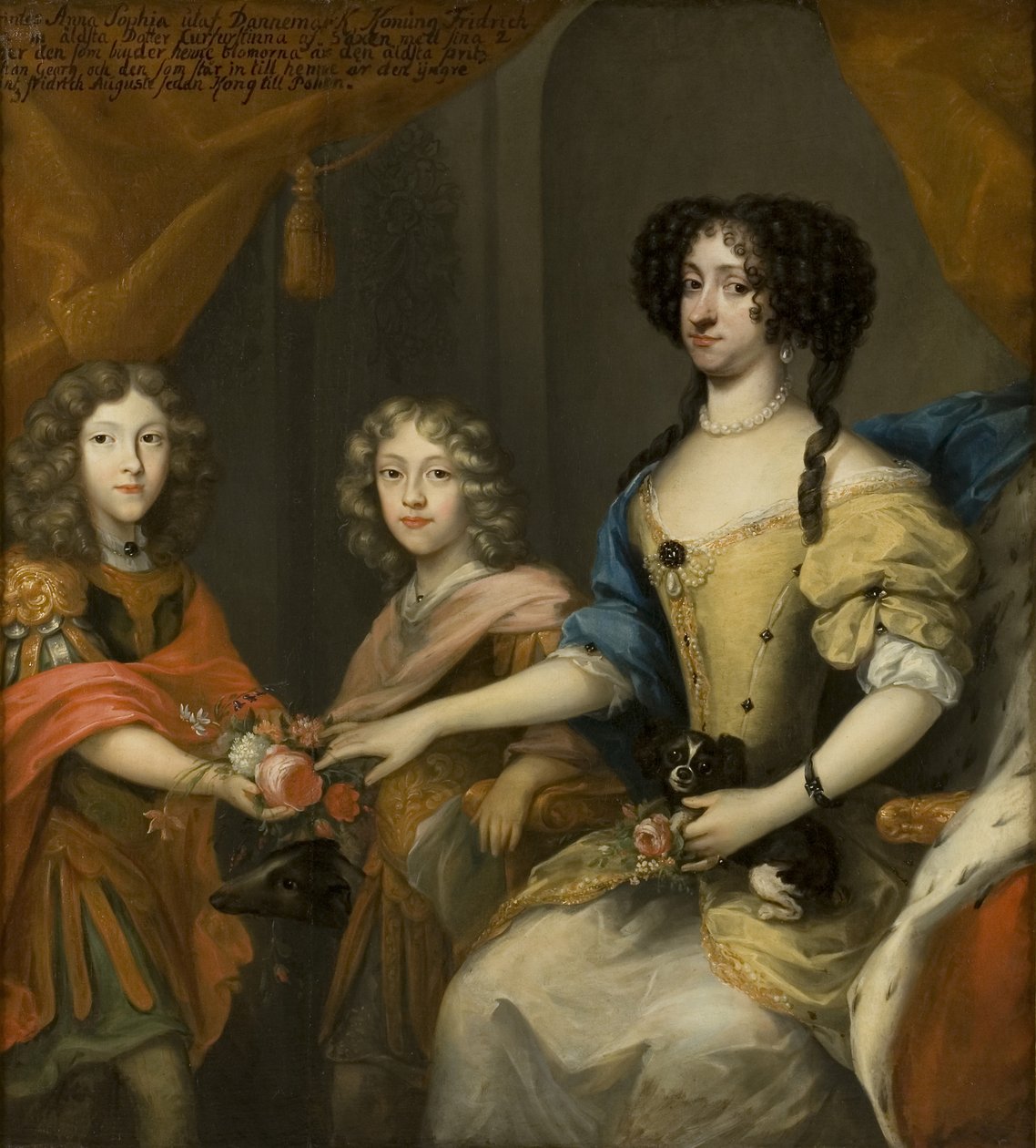 Anna Sofia, prinsessa av Danmark, kurfurstin av Sachsen, med sina söner Johann Georg och Friedrich August, ca 1680 av David von Krafft