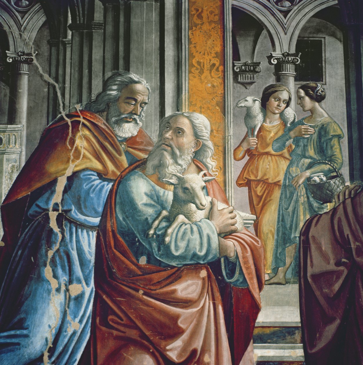 Fordrivelsen af Joachim fra templet, detalje, 1485-90 swed av Domenico Ghirlandaio