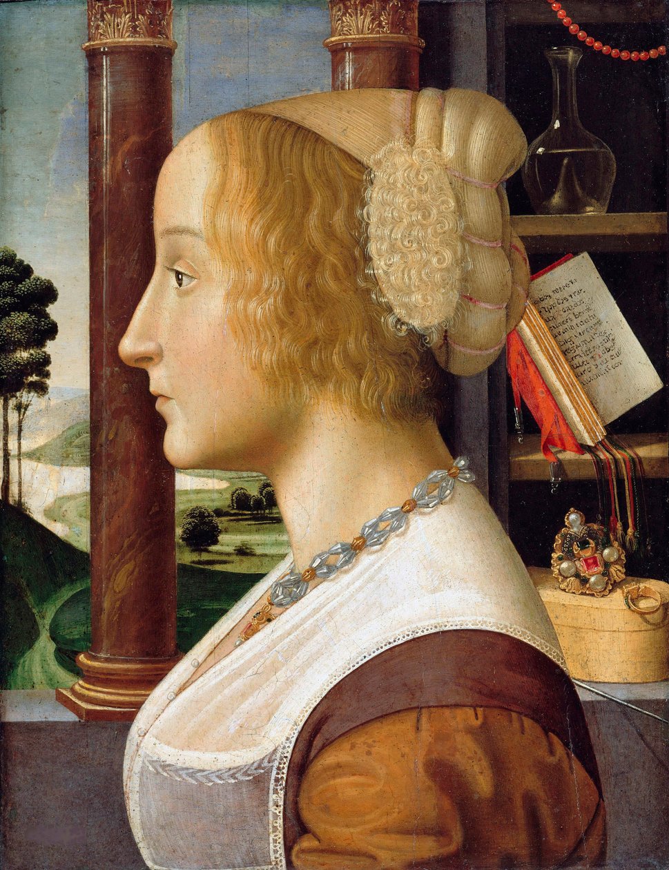 ""Profilporträtt av en ung kvinna"" (Profilporträtt av en ung kvinna) Målning av Davide Ghirlandaio (1452-1525) cirka 1490 Dim 44,6x34,3 - Staatliche Museen, Berlin av Davide Ghirlandaio