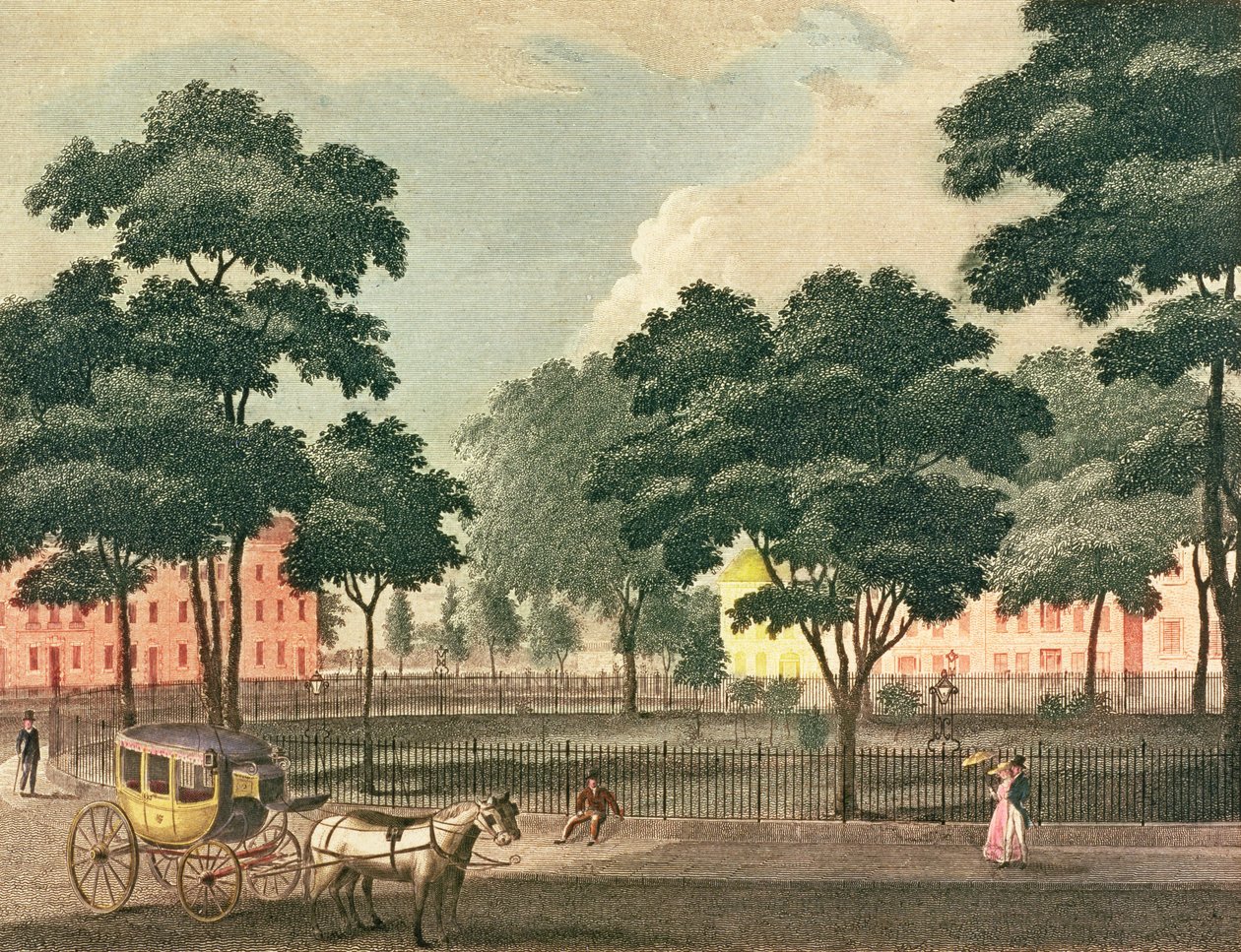 Vy över Bowling-Green, Broadway, ritad och graverad för New York Mirror, 1830 (färggravyr) av Davis