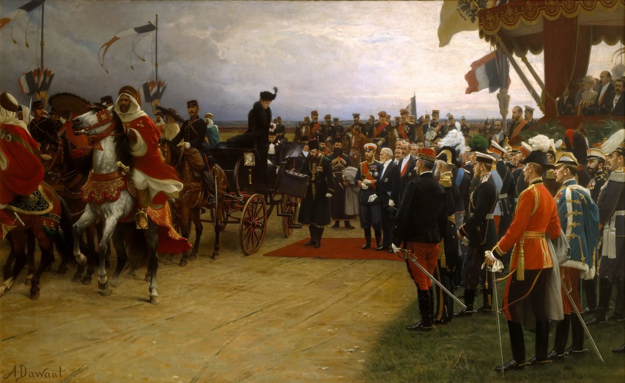 President Emile Loubet hälsar tsar Nicolas II och tsarina Alexandra välkomna till manövrarna i Betheny, av Dawant