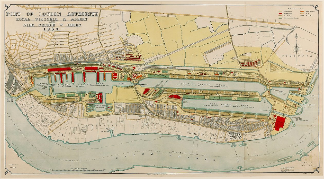 Royal Victoria and Albert och King George V Docks 1934, ca 1934 (tryck) av Day & Son Vincent Brooks