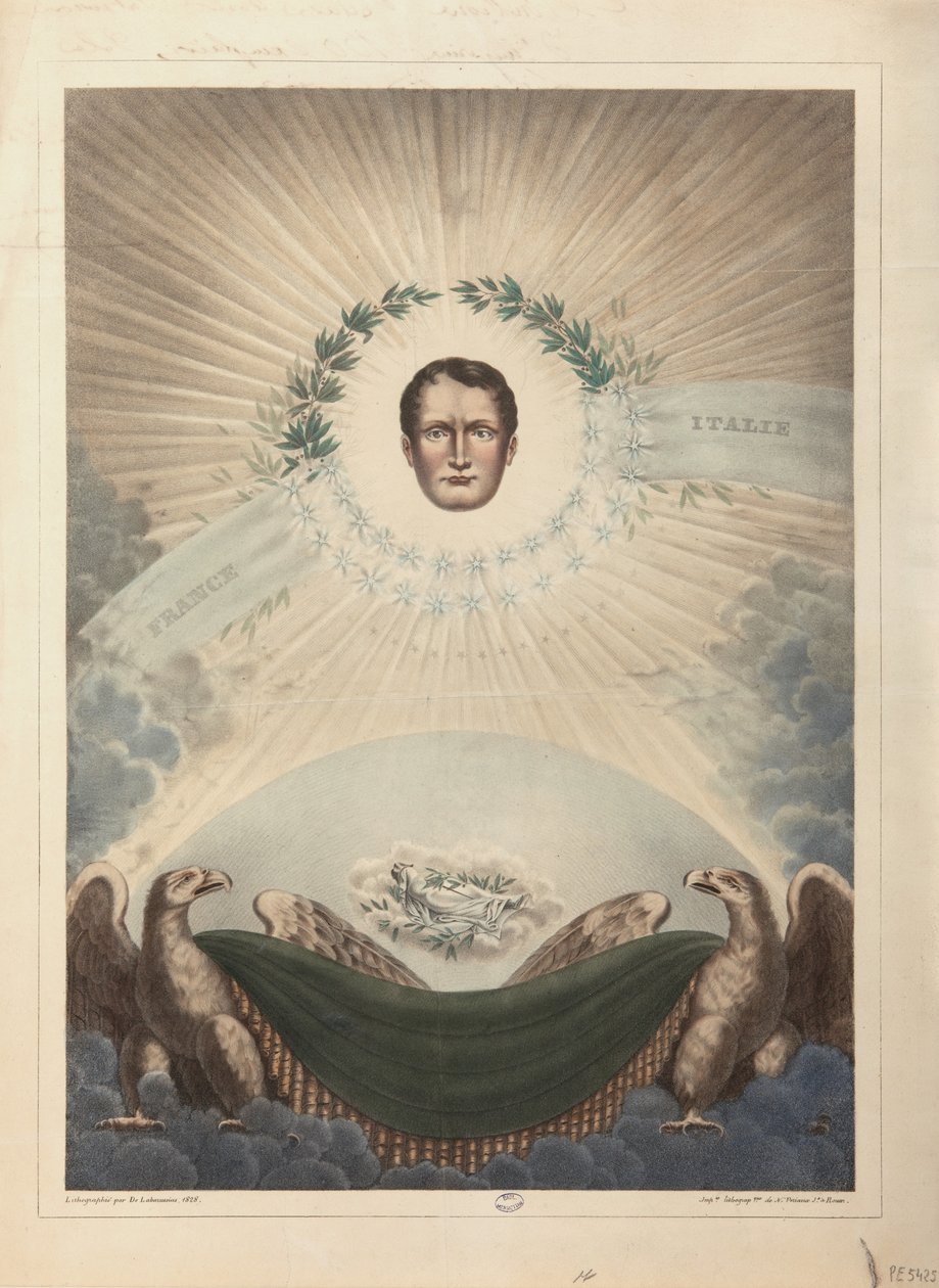 Allegori av Napoleon omgiven av en lagerkrans och en stjärna, och nedanför Napoleon i döden, insvept i en sjal, 1828. av De Labarussias