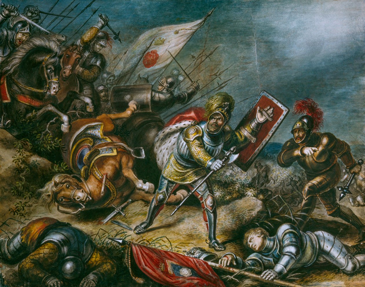En målning föreställer Richard III som strider till fots på Bosworth Field. Konstverk. av Dean Conger