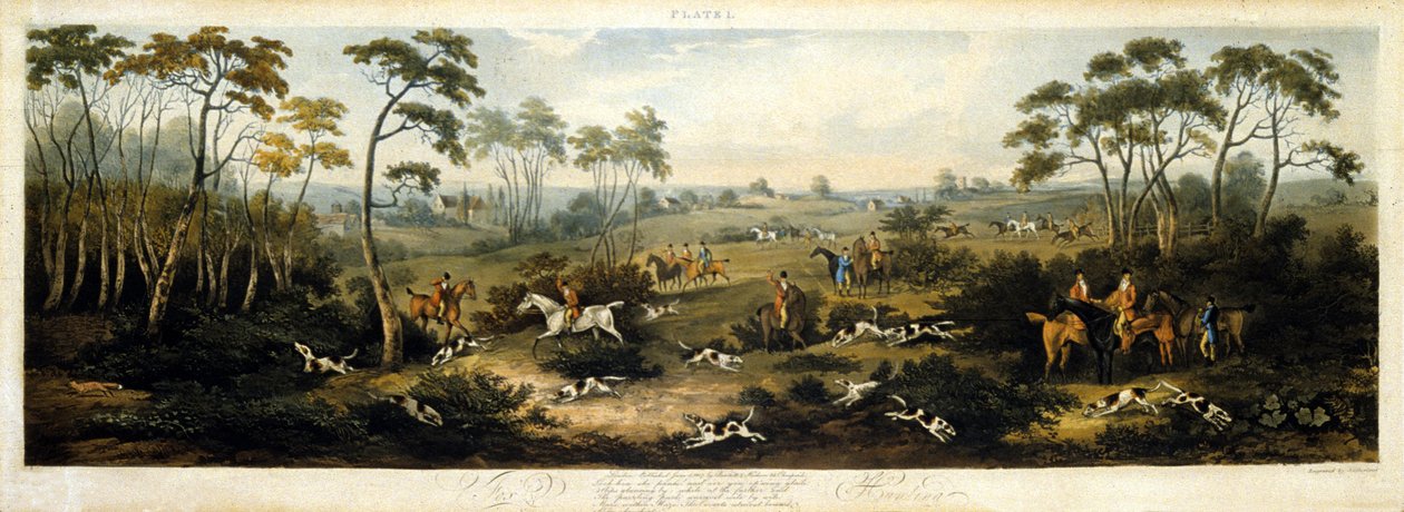 Foxhunting, skylt 1, graverad av Thomas Sutherland (1785-1838) 1817 (färg litho) av Dean Snr. (after) Wolstenholme