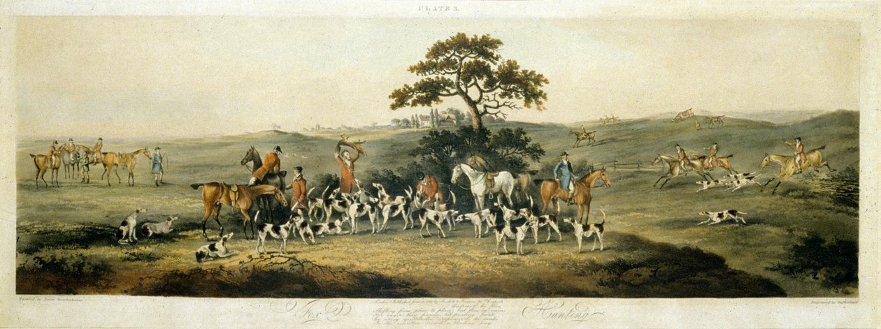 Foxhunting, skylt 3, graverad av Thomas Sutherland (1785-1838) 1817 (färg litho) av Dean Snr. (after) Wolstenholme