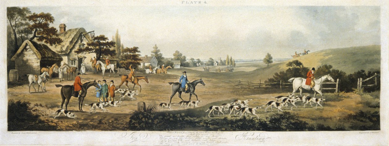 Foxhunting, skylt 4, graverad av Thomas Sutherland (1785-1838) 1817 (färg litho) av Dean Snr. (after) Wolstenholme