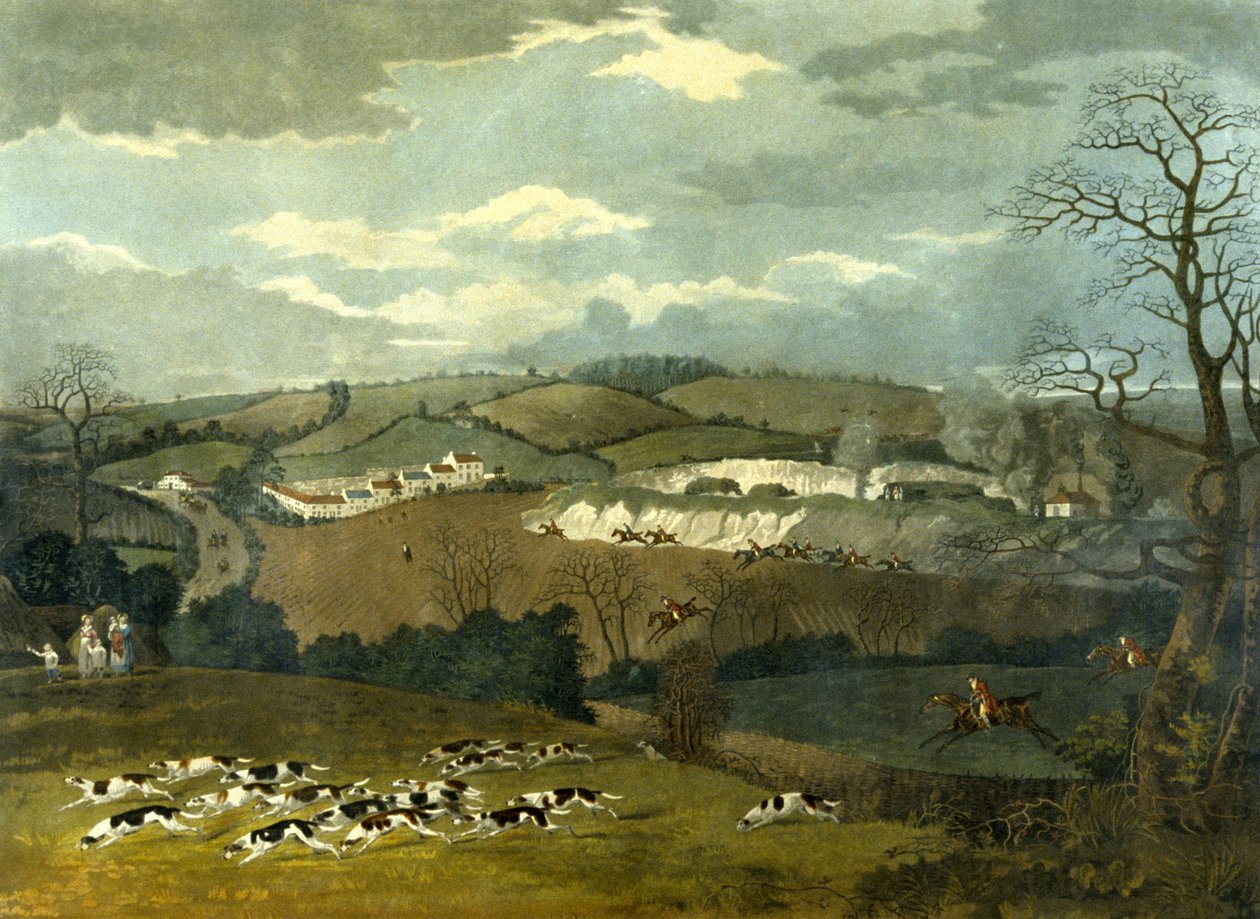 Full Cry, graverad av R.G. Reeve, ca 1830 (färg litho) av Dean Snr. (after) Wolstenholme