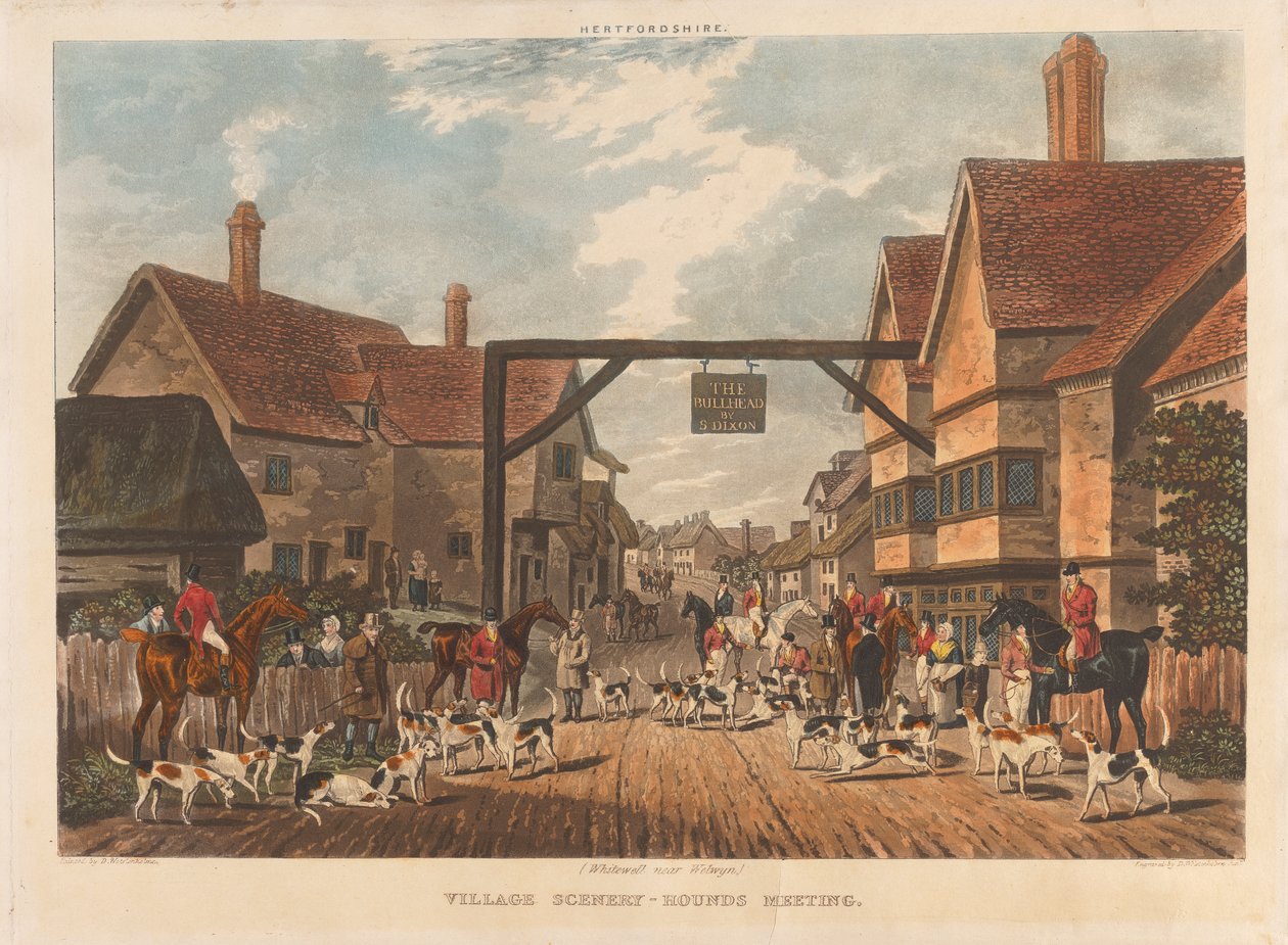 [Rävjakt] set om fyra: Hertfordshire. 1. (Whitewell nära Welwyn) / Village Scenery - Hounds Meeting av Dean Wolstenholme
