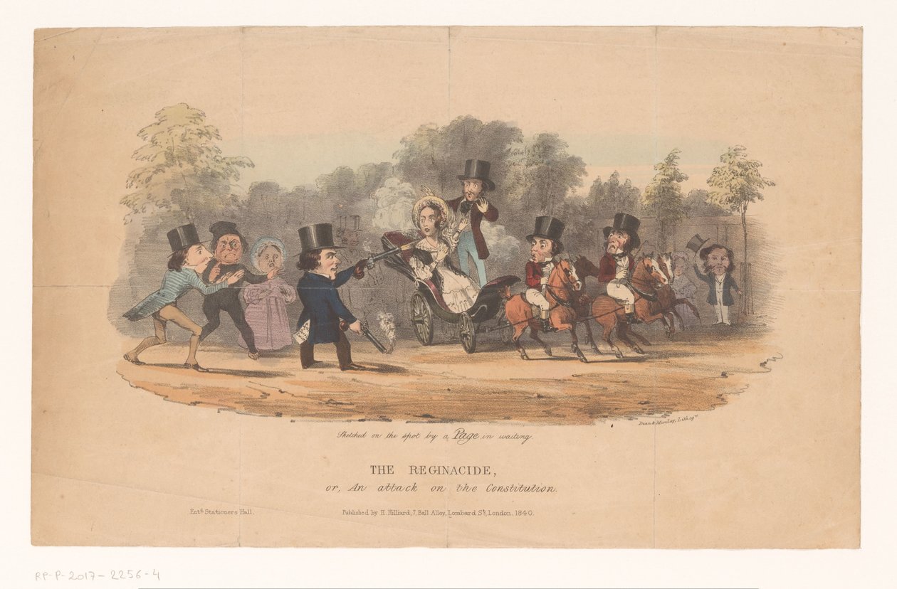 Aanslag op koningin Victoria, 1840 Reginacide, eller, en attack mot konstitutionen (titel på objekt) av Dean and Munday