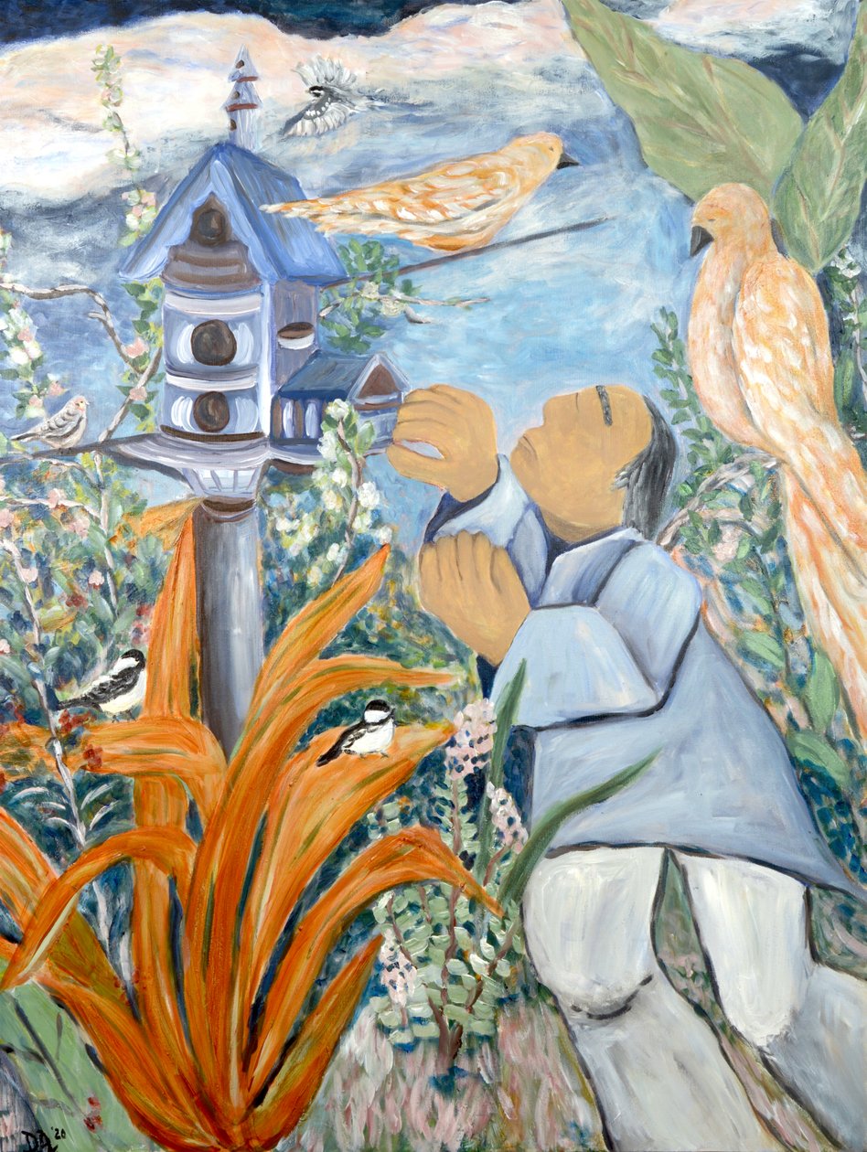 BirdMan, 2020 (akryl på duk) av Deborah Eve Alastra