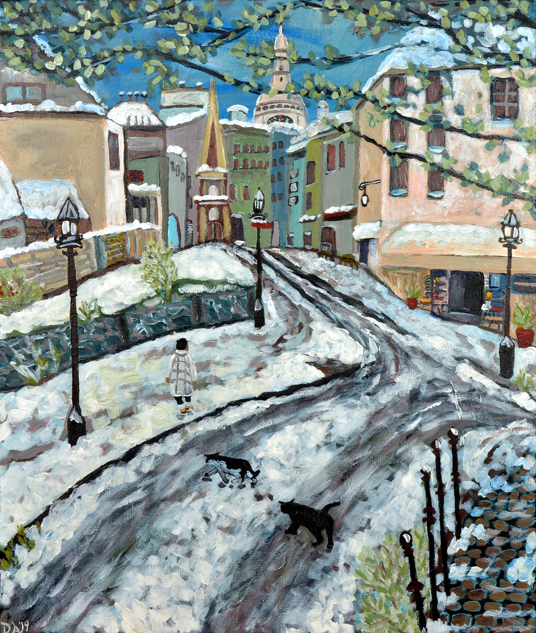 Tidig snö Montmartre, 2020, akryl på duk av Deborah Eve Alastra