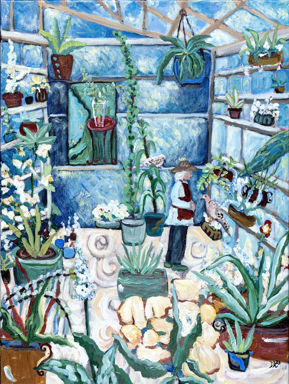 In the Green House, 2023 (akryl/medium på duk) av Deborah Eve Alastra