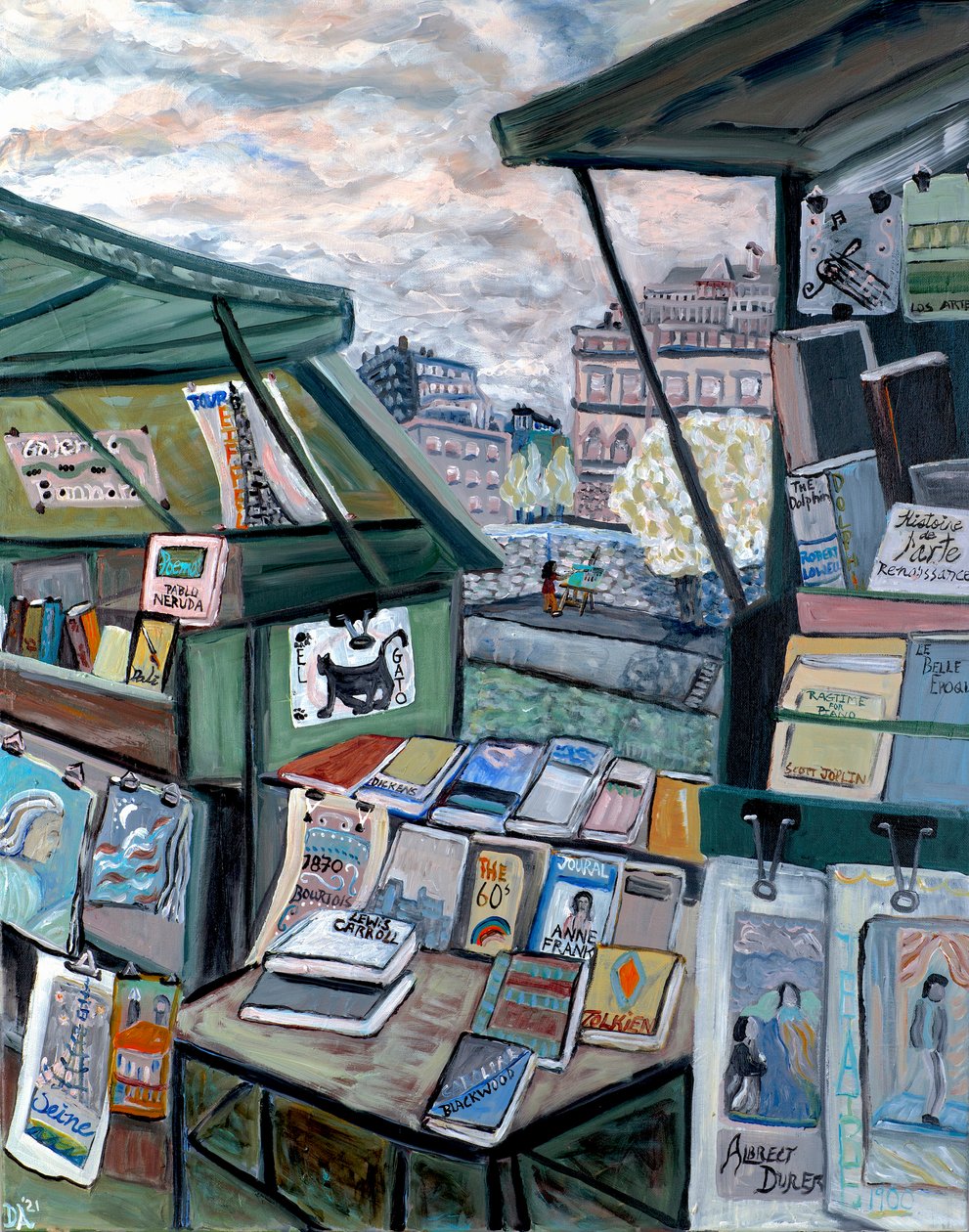 Shops On Seine, 2022 (akryl på duk) av Deborah Eve Alastra
