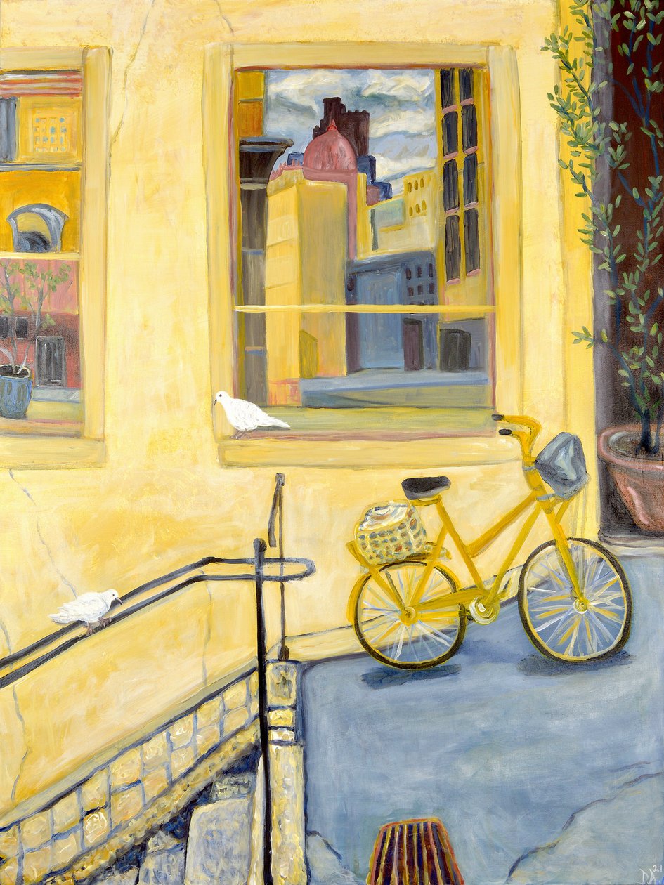 Yellow Bike, 2022 (akryl på duk) av Deborah Eve Alastra