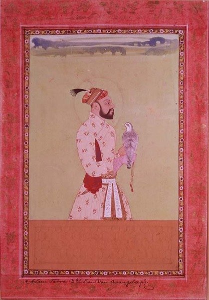 I.S.227-1950 Azam Shahr, tredje son till kejsar Aurangzeb, håller en falk, Golconda, ca 1680 (gouache med blomkant) av Deccani School