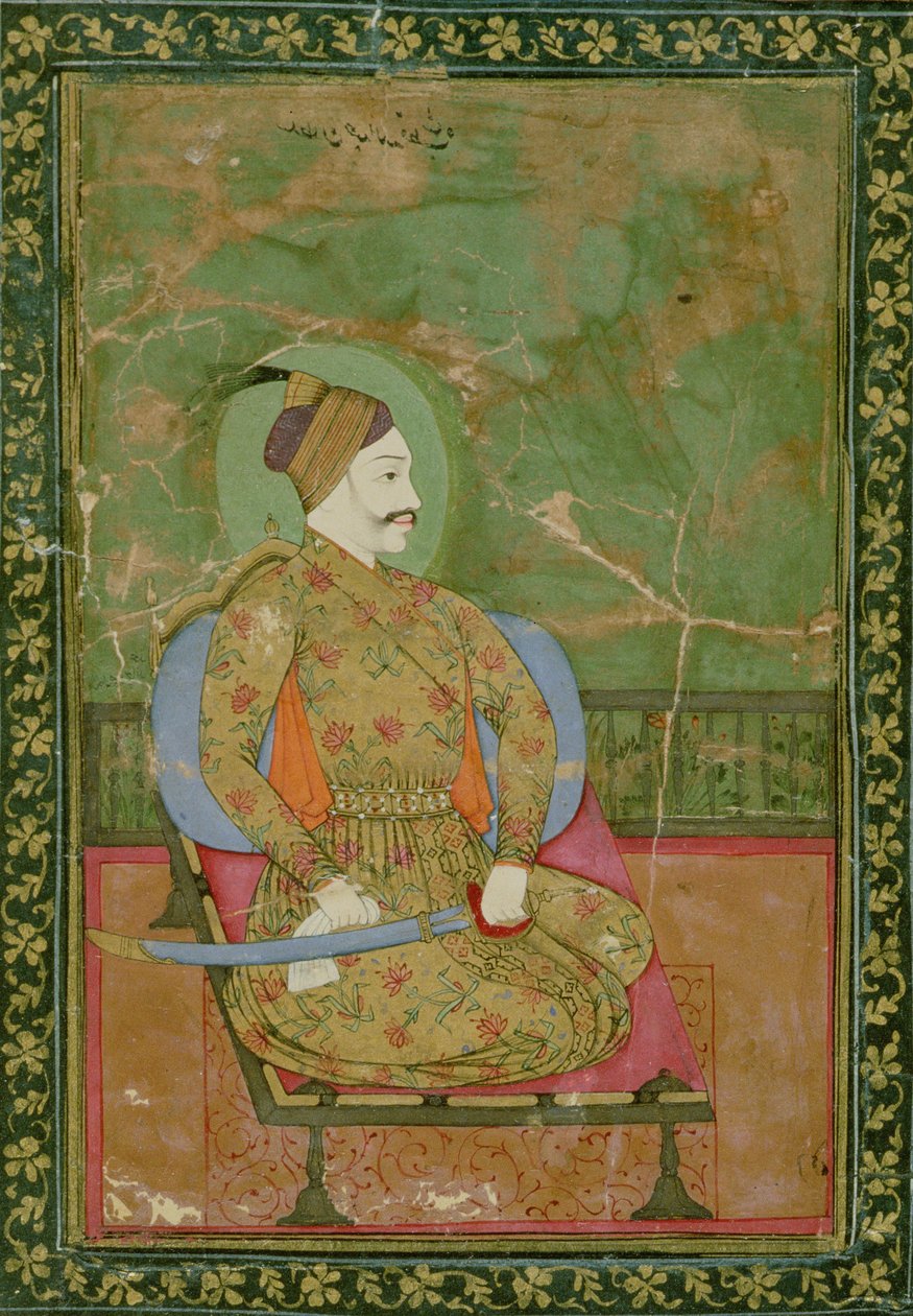 58.2025A Porträtt av Sultan Abdullah Qutb Shah sittande, Golconda, 1670, (gouache på papper med guld- och blommönstrad guldmönstrad kant) av Deccani School