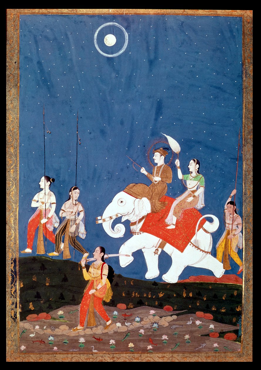 En indisk prins på en vit elefant, illustration av musikläget Deepak Raga, tidigt 1800-tal av Deccani School