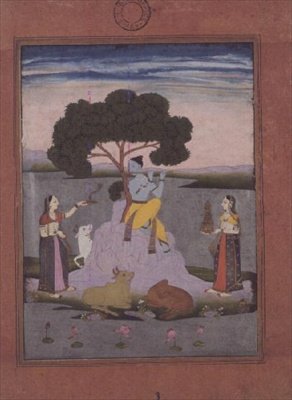BL katt. nr.428, från ett Johnson Album nr. 20 objekt 3, Krishna spelar för två gopis, Hyderabad, ca 1770 (gouache med guld, rosafärgad kant) av Deccani School