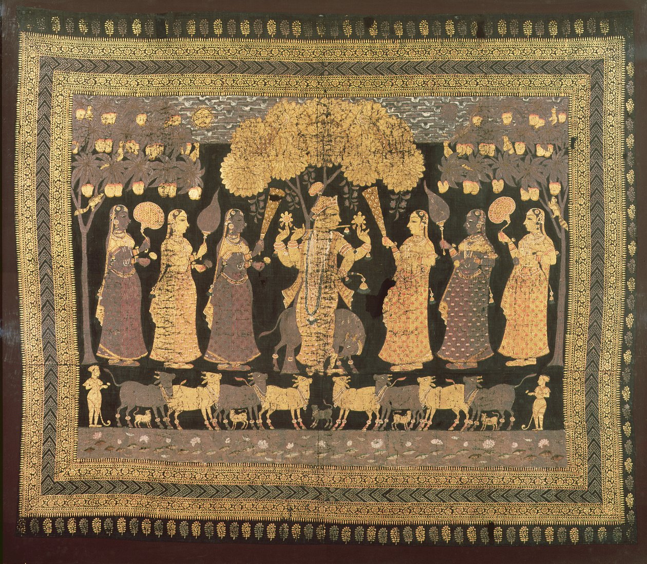 Krishna och hans Gopis (ogenomskinlig akvarell, guld och silver på färgad bomull) av Deccani School