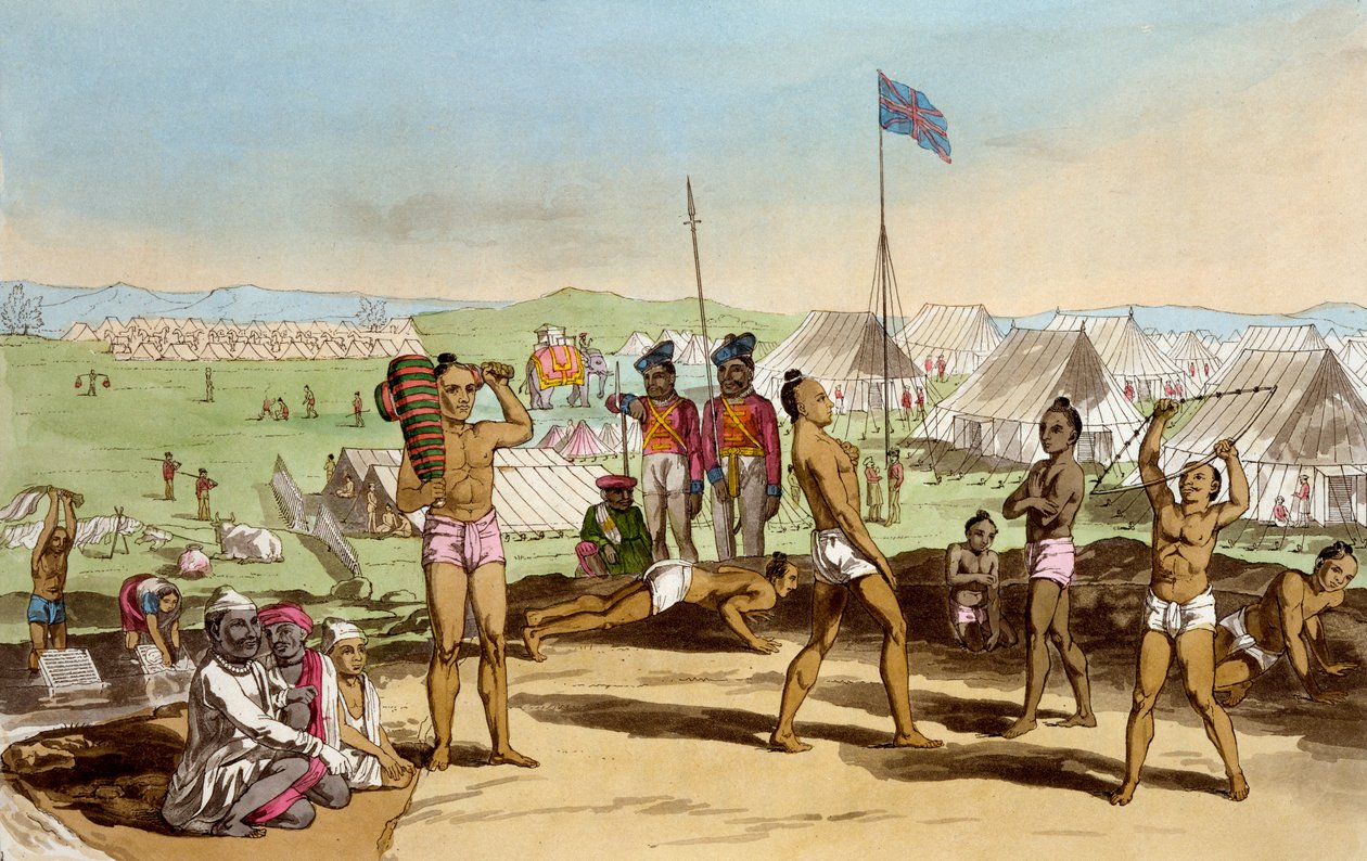 En Ukhara med utsikt över den brittiska residensens läger, från "The Costume, Character, Manners, Domestic Habits and Religious Ceremonies of the Mahrattas" av T. D. Broughton, etsning av Moses, 1813 (färg). av Deen Alee