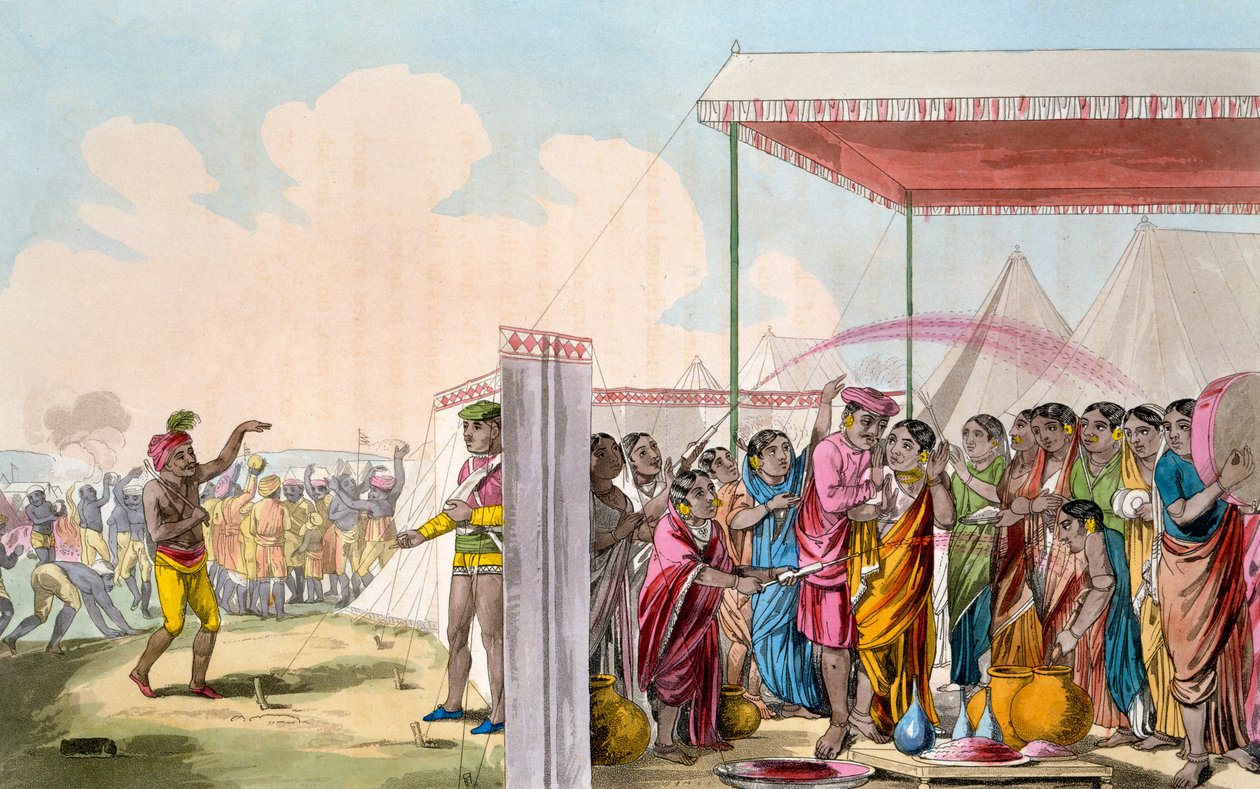 Spela Hohlee, ur "The Costume, Character, Manners, Domestic Habits and Religious Ceremonies of the Mahrattas" av T. D. Broughton, etsning av Baxter, 1813 av Deen Alee