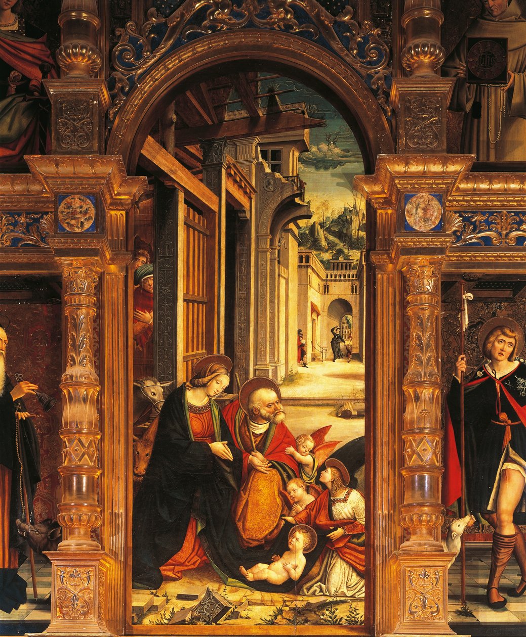Nativity, detalj från 1500-talets altartavla, av Defendente Ferrari (1480 eller 1485-1540), Abbey of St Anthony of Ranverso, Buttigliera Alta, Italien av Defendente Ferrari