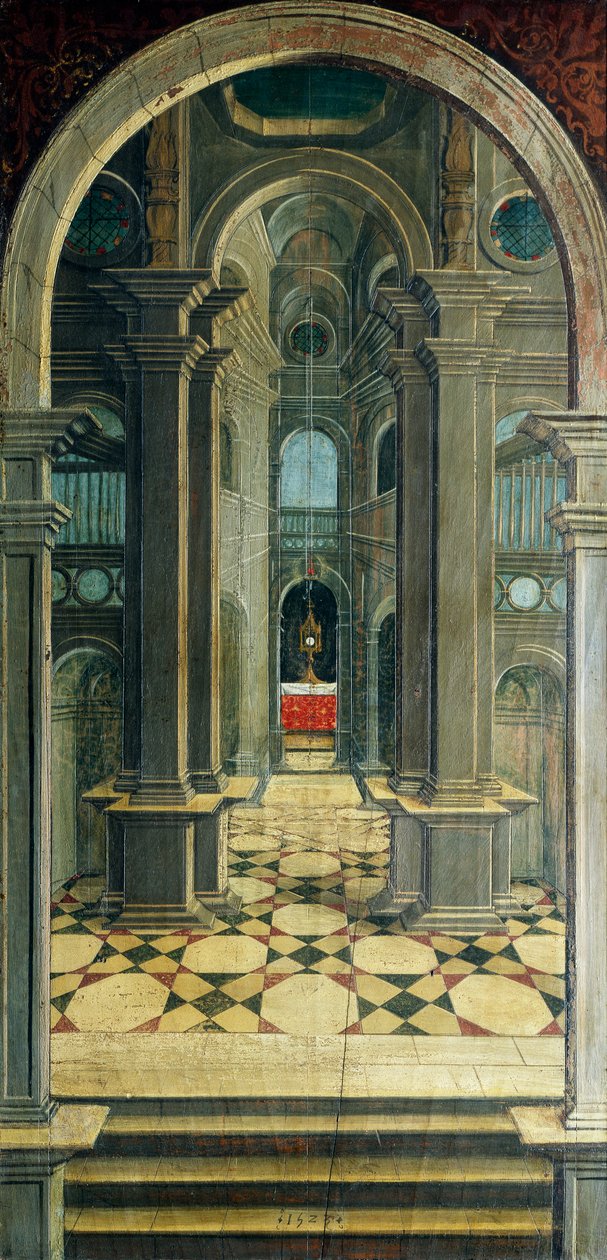 Perspektiv målat av Defendente Ferrari (1480 eller 1485-1540), på baksidan av 1500-talskören, Church of Saint Jerome, Biella, Italien av Defendente Ferrari