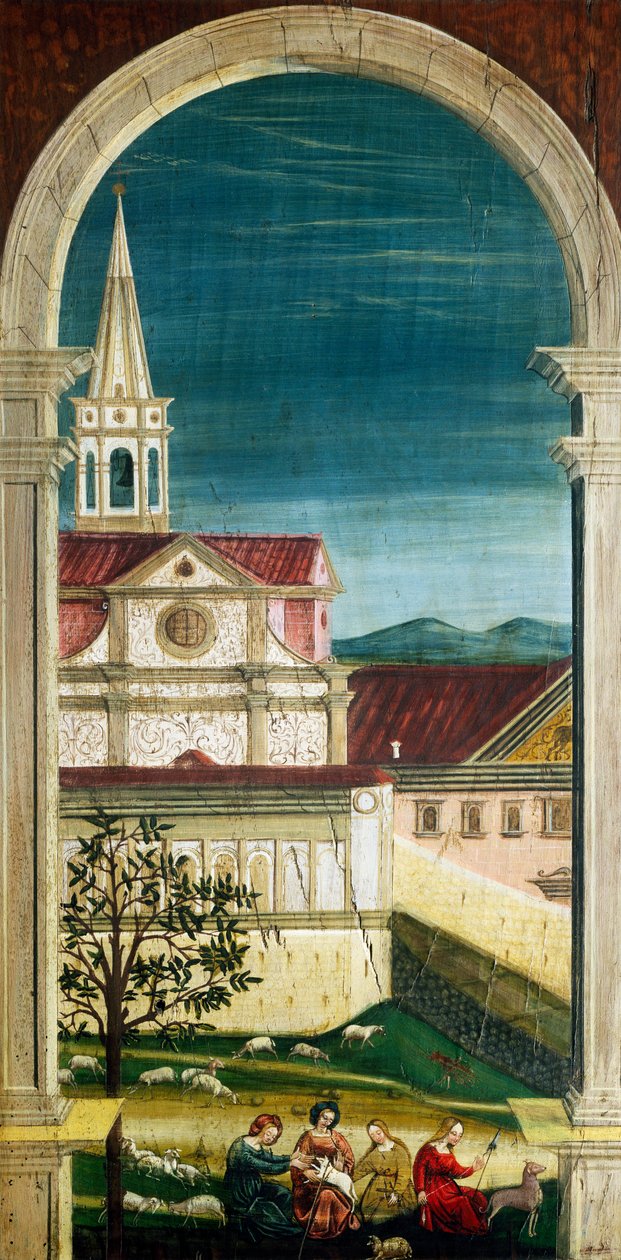 Perspektiv målat av Defendente Ferrari (1480 eller 1485-1540) på den bakre delen av 1500-talskören i Sankt Jeromes kyrka i Biella. Italien av Defendente Ferrari