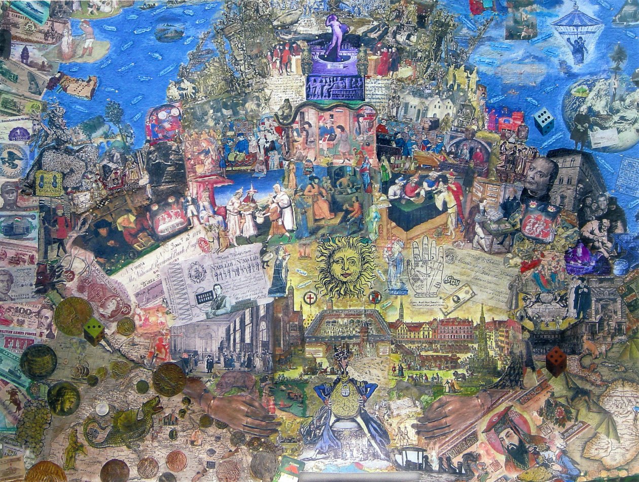 Death of Credit, 2010 (collage och mixed media på duk) av Deirdre Kelly