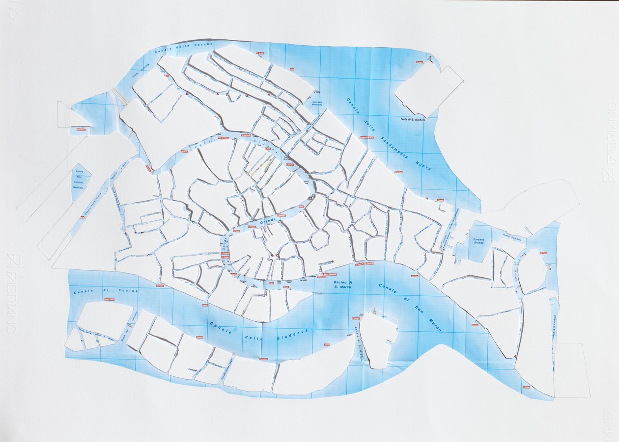 Venice Liquid Streets, 2008 (pappersklippt collage) av Deirdre Kelly