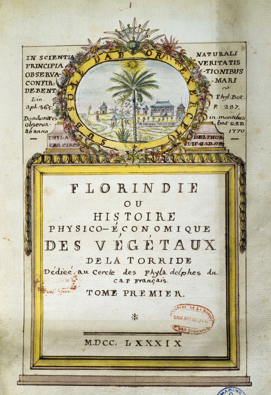 Frontispice av Florindie eller fysisk-ekonomisk historia av växterna i Torride av Delahaye Delahaye
