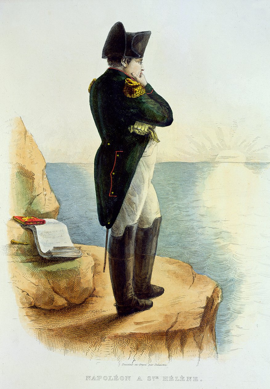 Napoleon på ön Saint Helena, illustration från Le Plutarque Francais av E. Mennechet, graverad av Delaistre, 1835 av Delaistre