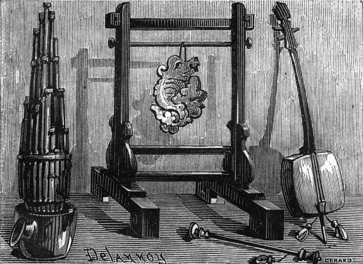Kinesiska musikinstrument: orgel, ljudsten och fiol. av Delannoy Delannoy