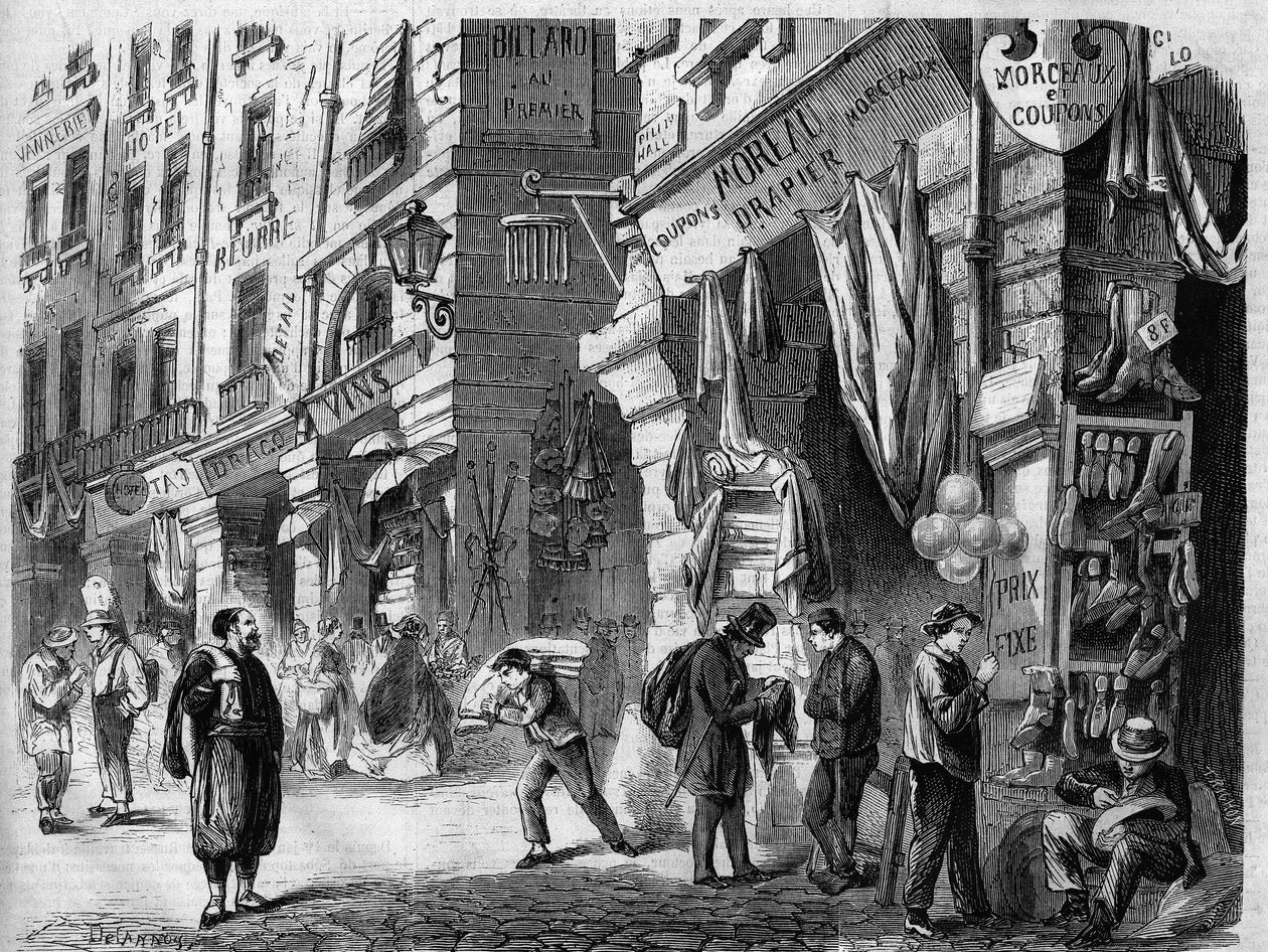 Paris, utsikt över de täckta gallerierna på bottenvåningen av husen i rue de la Tonnelerie, även kallade Halles pelare, gravyr efter teckningen av Delannoy, i "L