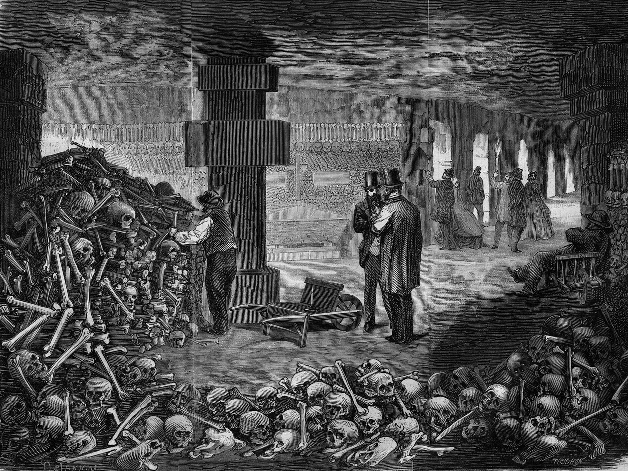 Paris, utsikt över korsningen av minnet i katakomberna (gravyr) 18§§ av Delannoy Delannoy