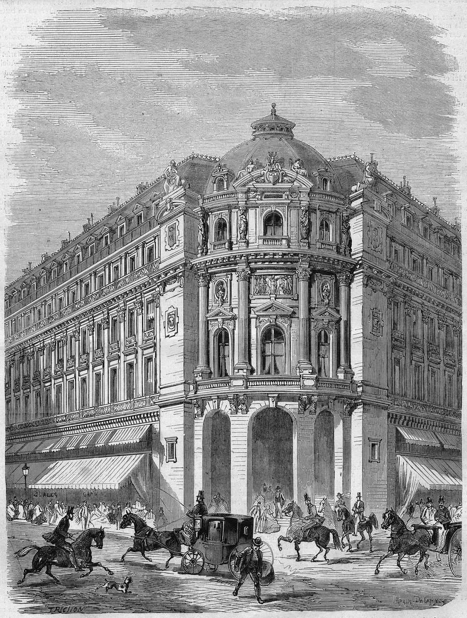 Projekt av fasaden på den nya teatern i Vaudeville i hörnet av Boulevard des Capucines och Rue de la Chaussée-d